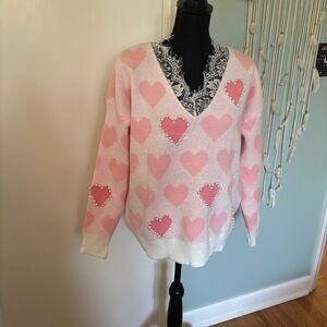Pink Heart Patterned Women's Sweater with pearl beads
